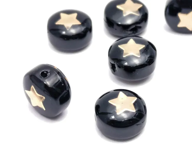 Margele de sticla lampwork cu gravura aurie in forma de stea 8x6mm negru