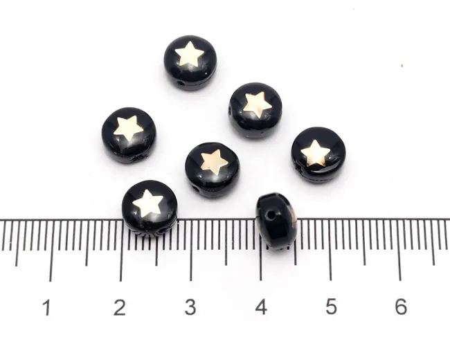 Margele de sticla lampwork cu gravura aurie in forma de stea 8x6mm negru