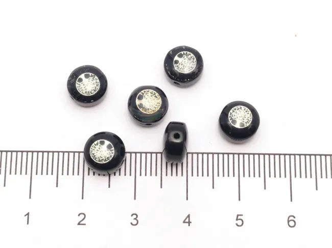 Margele de sticla lampwork cu gravura argintiu in forma de copacul vietii  8x6mm negru