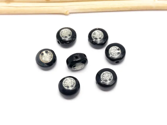 Margele de sticla lampwork cu gravura argintiu in forma de copacul vietii  8x6mm negru