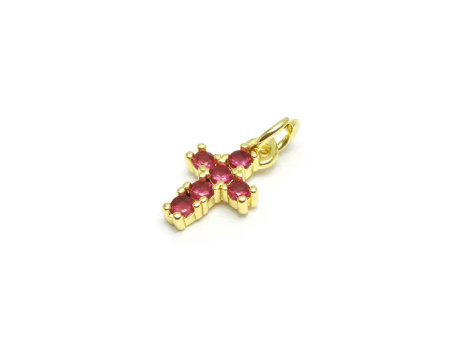 Charm cruce din cubic zirconia auriu 12x7mm fucsia
