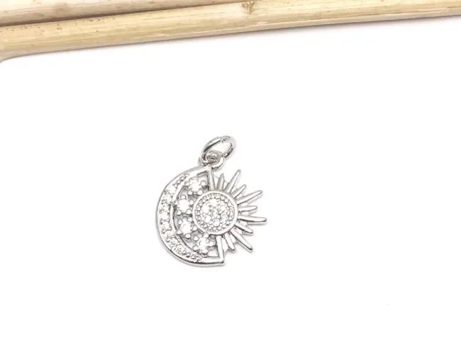 Charm soare cu luna din cubic zirconia argintiu 16x15mm