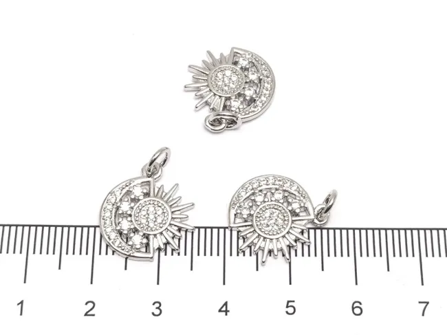 Charm soare cu luna din cubic zirconia argintiu 16x15mm