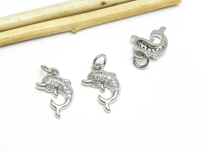 Charm cubic zirconia delfin 14x9mm argintiu (1buc)