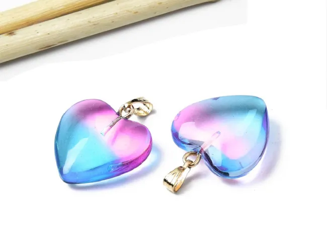 Pandantiv sticla inima 22x20mm albastru fucsia